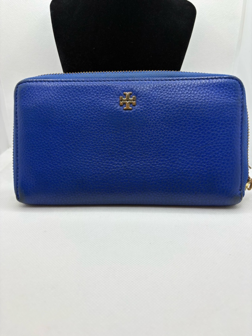 Tory Burch Royal Blue Pebbled Leather Zip-Around Wallet with Gold Logo